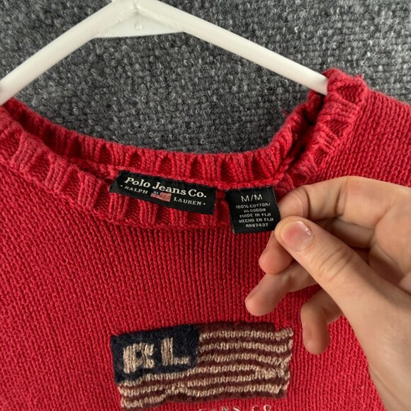 Ralph Lauren Polo Jeans Women Flag Sweater Medium Red Long Sleeve Knit Cotton - Picture 11 of 16
